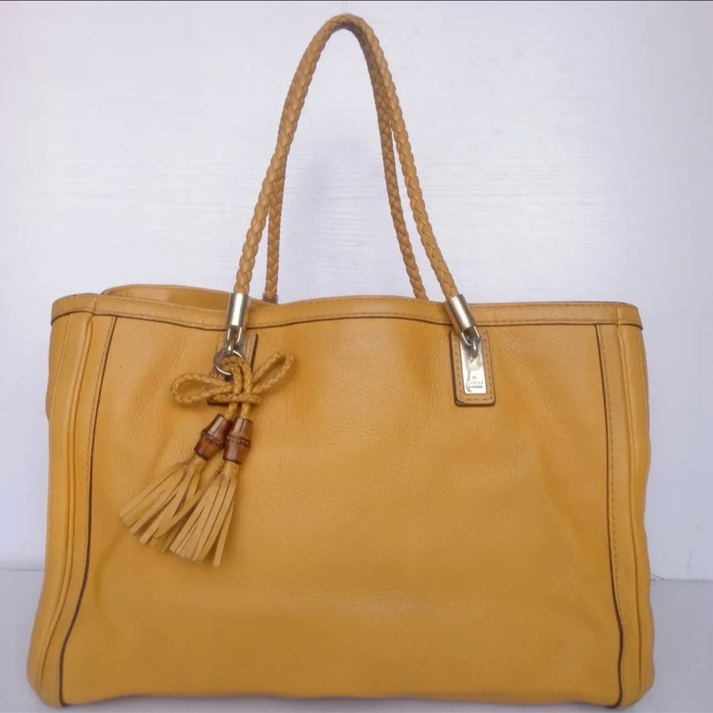 Gucci Bella Mustard Yellow Leather Tote with Tassels